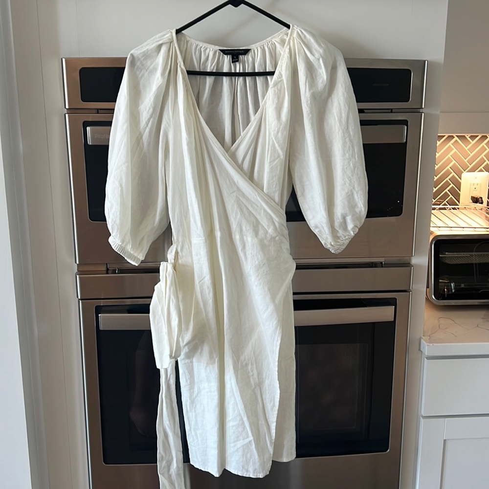 White puff sleeve wrap dress